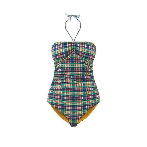 GANNI Halterneck Ruched Checked One Piece‎ Swimsuit Multicolor NWOT Size S
